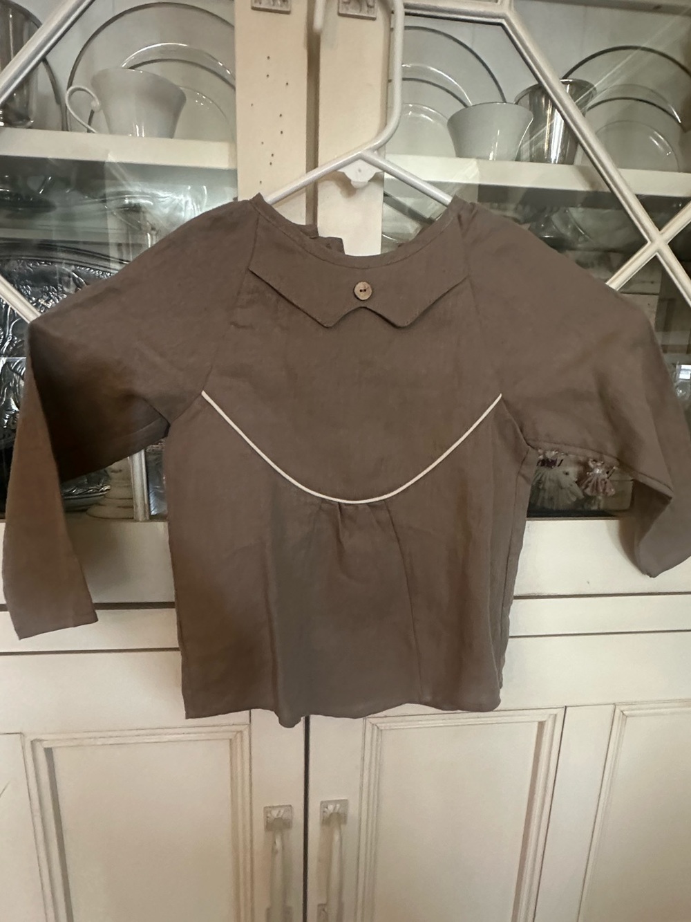 A Classy Chic Boutique Brown linen long sleeve with White Piping